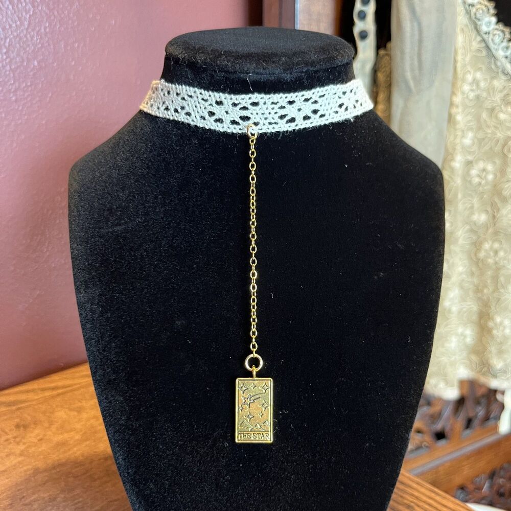 Gold Tone Tarot The Star Drop Choker Antique-Style Lace Whimsygoth
